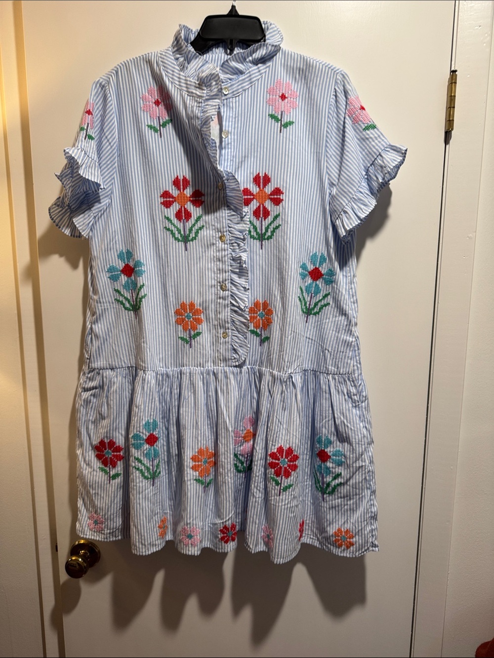 Striped Blue Floral Embroidered Mini Dress